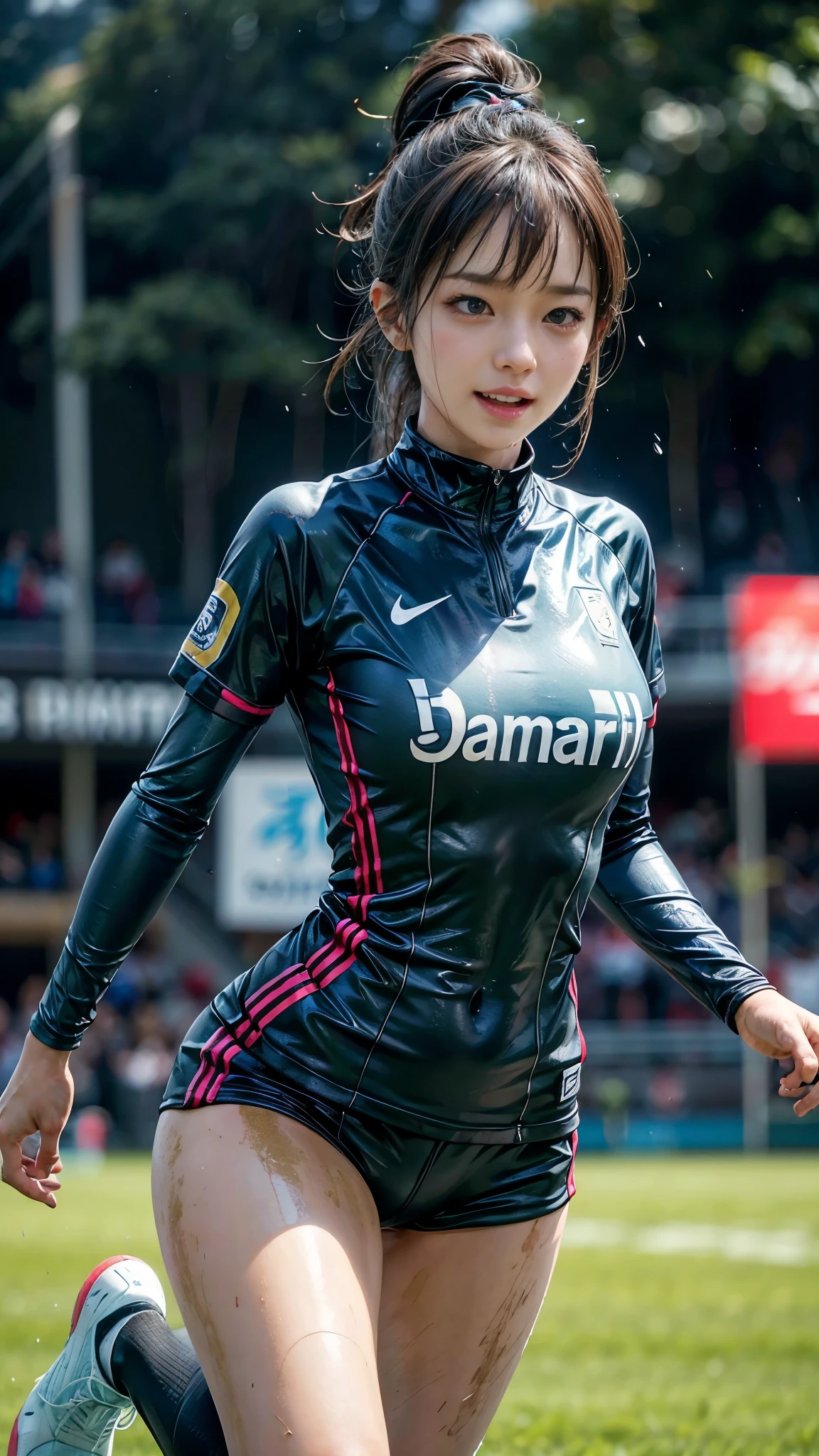 Highest quality, High resolution:1.2, Very detailed, Realistic:1.3, ((Beautiful woman))、((Super tight uniform))、((Super big breasts))、(The abdomen is visible)、Vibrant colors, play soccer,((Blunt bangs))、Various Hair Styles、Different hair colors、With bangs、Wet Hair, concentrate, splash, Action Shots, Grass blotches, Muddy ground, Wet turf, decide, Fast-paced games, Athletic physique, Shiny soccer ball, Wet Uniform, raindrop, Blurred motion, ボールにconcentrateする, Intense competition, Skillful dribbling, Energetic play, Teamwork, powerful shoots, Wet pitch, Passionate sports, Fierce decide, Humid atmosphere, Fluid movement, emotional expression、Dramatic lighting, Women's Sports, Avid athletes, Exciting Games, Endure, Excited state, Speed and agility, Energetic play, 濡れたsplash、smile、Red Uniform