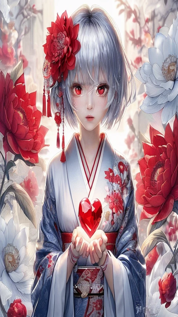 style: Anime-style art, high detail, Shiny texture, Vibrant colors, Soft light effect character: Silver short hair girl, Big Red Eyes, The expression is calm and the costume is gentle: Traditional kimono, White and red design, Floral embroidered accessories: Red flower accessory in hair, Tassel background: A garden enveloped in soft light, Red and white flower items: A girl holds a big red heart-shaped jewel in her hand, Others that reflect light and shine: Japanese atmosphere, Serene landscape, A little bit of fantasy with this prompt、By inputting into the art generator、You can generate illustrations with the atmosphere and characteristics you specify.。