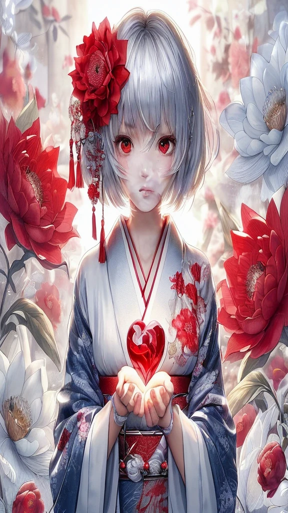 style: Anime-style art, high detail, Shiny texture, Vibrant colors, Soft light effect character: Silver short hair girl, Big Red Eyes, The expression is calm and the costume is gentle: Traditional kimono, White and red design, Floral embroidered accessories: Red flower accessory in hair, Tassel background: A garden enveloped in soft light, Red and white flower items: A girl holds a big red heart-shaped jewel in her hand, Others that reflect light and shine: Japanese atmosphere, Serene landscape, A little bit of fantasy with this prompt、By inputting into the art generator、You can generate illustrations with the atmosphere and characteristics you specify.。