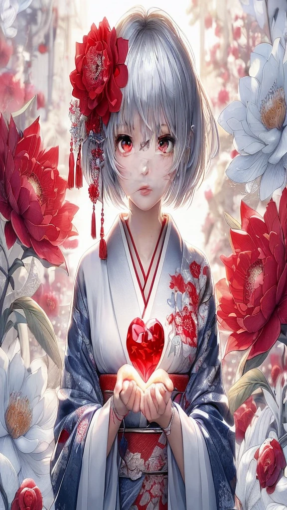 style: Anime-style art, high detail, Shiny texture, Vibrant colors, Soft light effect character: Silver short hair girl, Big Red Eyes, The expression is calm and the costume is gentle: Traditional kimono, White and red design, Floral embroidered accessories: Red flower accessory in hair, Tassel background: A garden enveloped in soft light, Red and white flower items: A girl holds a big red heart-shaped jewel in her hand, Others that reflect light and shine: Japanese atmosphere, Serene landscape, A little bit of fantasy with this prompt、By inputting into the art generator、You can generate illustrations with the atmosphere and characteristics you specify.。