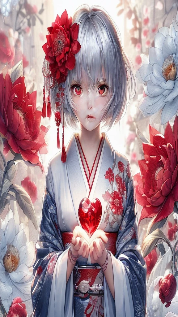 style: Anime-style art, high detail, Shiny texture, Vibrant colors, Soft light effect character: Silver short hair girl, Big Red Eyes, The expression is calm and the costume is gentle: Traditional kimono, White and red design, Floral embroidered accessories: Red flower accessory in hair, Tassel background: A garden enveloped in soft light, Red and white flower items: A girl holds a big red heart-shaped jewel in her hand, Others that reflect light and shine: Japanese atmosphere, Serene landscape, A little bit of fantasy with this prompt、By inputting into the art generator、You can generate illustrations with the atmosphere and characteristics you specify.。