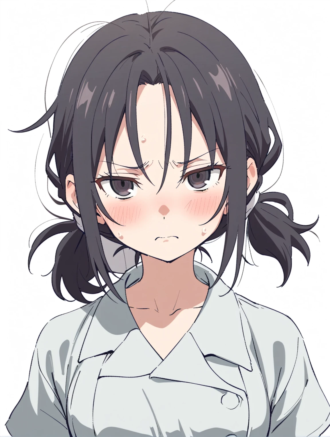 {{{sincos (sincos), girl, no human, waist-length}}}, 1 girl, nurse, wear a medical gown, waist-length, black eyes, tired face, weak facial expressions, hair tied at the back of the head in a bun, hair ivory color, stands directly towards the viewer, looking at viewer. white background, blank background.