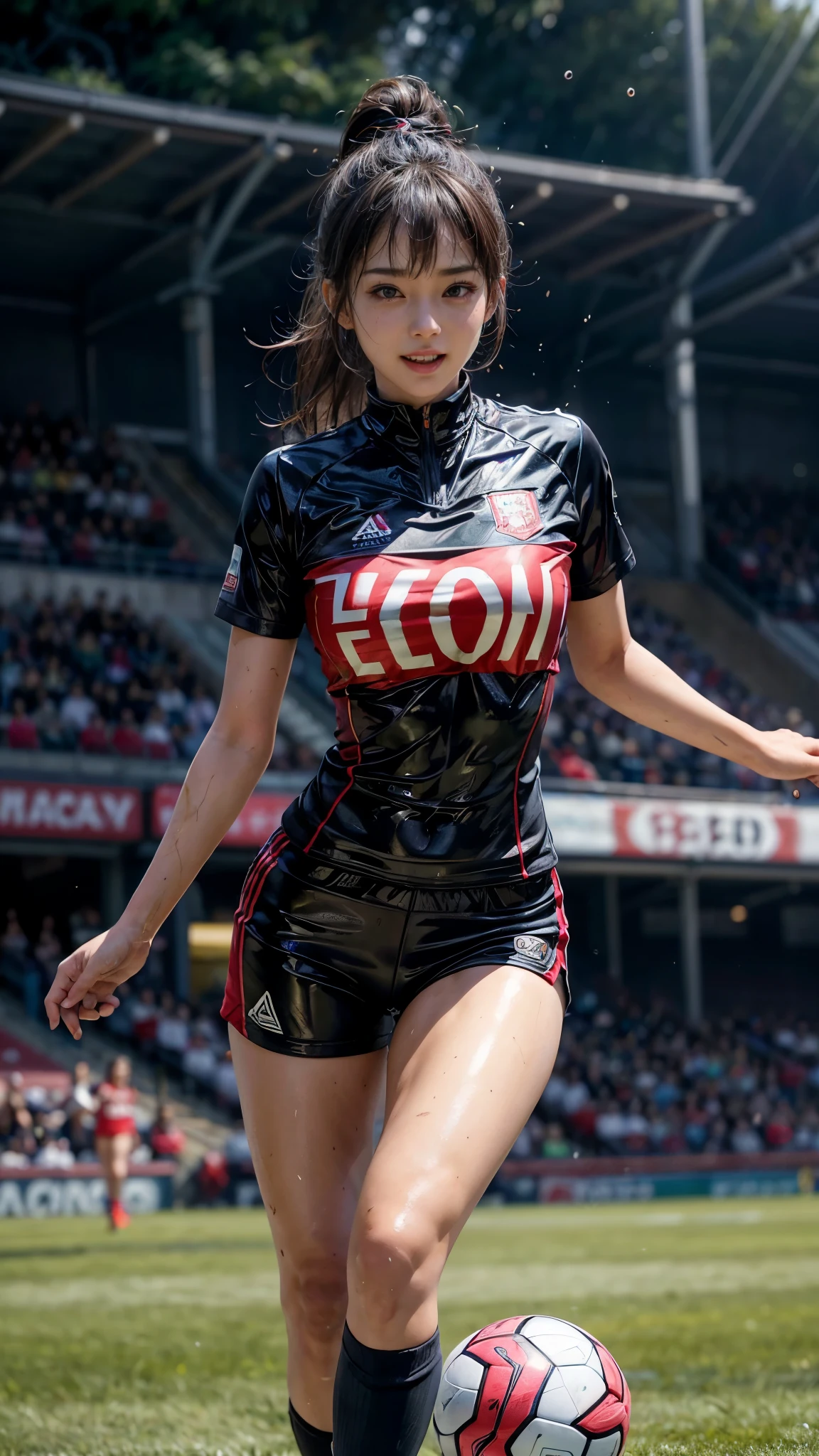 Highest quality, High resolution:1.2, Very detailed, Realistic:1.3, ((Beautiful woman))、((Super tight uniform))、((Super big breasts))、(The abdomen is visible)、Vibrant colors, play soccer,((Blunt bangs))、Various Hair Styles、Different hair colors、With bangs、Wet Hair, concentrate, splash, Action Shots, Grass blotches, Muddy ground, Wet turf, decide, Fast-paced games, Athletic physique, Shiny soccer ball, Wet Uniform, raindrop, Blurred motion, ボールにconcentrateする, Intense competition, Skillful dribbling, Energetic play, Teamwork, powerful shoots, Wet pitch, Passionate sports, Fierce decide, Humid atmosphere, Fluid movement, emotional expression、Dramatic lighting, Women's Sports, Avid athletes, Exciting Games, Endure, Excited state, Speed and agility, Energetic play, 濡れたsplash、smile、Red Uniform
