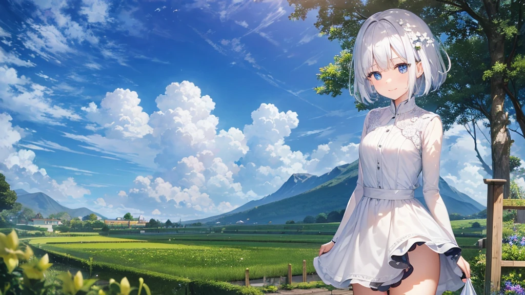 Ultra HD,Look at the viewers, Put your hands behind your back, With a girl, 20-year-old, 非常にShort Hair, Long bangs between the eyes, Pale blue eyes, Very detailed,(masterpiece、Highest quality),Gray Hair、Laughter、Fantastic, Silver Hair, Iris, Short hair、 Fluttering Hair、Small Face、明るいsmile、(Detailed face) ,Professional Lighting,Wonderful landscape,blue sky, sunlight,Looking down from above,Portraiture、Open your mouth、Flower Field、Her eyes were shining、Mysterious and enchanting atmosphere。With AI Painting、とてもShort Hair, Long bangs between the eyes, Very detailed,(masterpiece、Highest quality)、alone、Gray Hair、Fantasy, Silver Hair, Fantasyな風景、White shirt、smile、Open your mouth、short hair、Short Hair、hairpin、black eye、Grey Eyes、Beautiful Eyes、