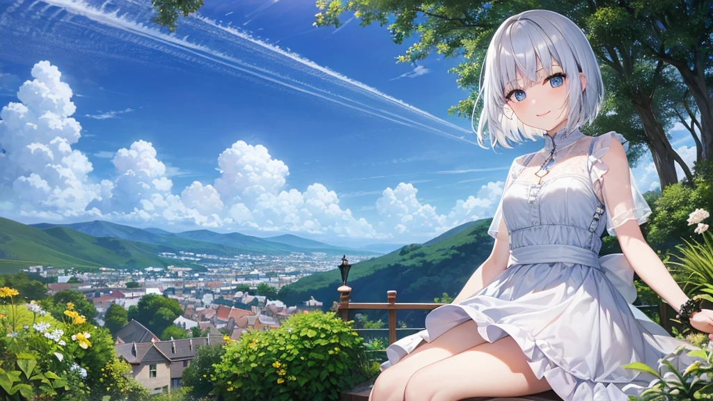 Ultra HD,Look at the viewers, Put your hands behind your back, With a girl, 20-year-old, 非常にShort Hair, Long bangs between the eyes, Pale blue eyes, Very detailed,(masterpiece、Highest quality),Gray Hair、Laughter、Fantastic, Silver Hair, Iris, Short hair、 Fluttering Hair、Small Face、明るいsmile、(Detailed face) ,Professional Lighting,Wonderful landscape,blue sky, sunlight,Looking down from above,Portraiture、Open your mouth、Flower Field、Her eyes were shining、Mysterious and enchanting atmosphere。With AI Painting、とてもShort Hair, Long bangs between the eyes, Very detailed,(masterpiece、Highest quality)、alone、Gray Hair、Fantasy, Silver Hair, Fantasyな風景、White shirt、smile、Open your mouth、short hair、Short Hair、hairpin、black eye、Grey Eyes、Beautiful Eyes、