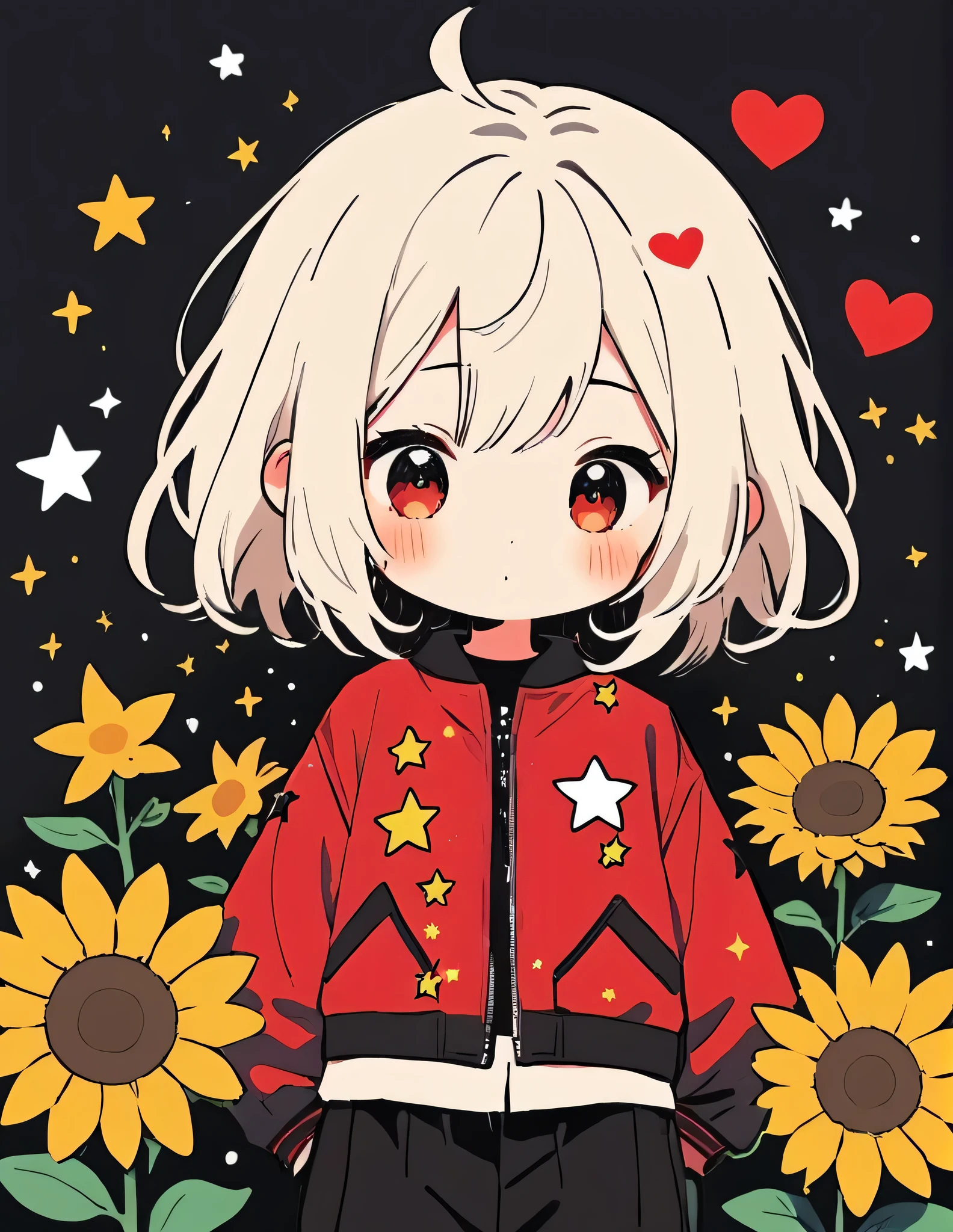 Black Star Red and White style, Simple Line Initialism,Abstract art,Kawaii Design, The most beautiful girl of all time、chibi, The background is star dust, colorful hearts, sunflowers, (((nap)))
