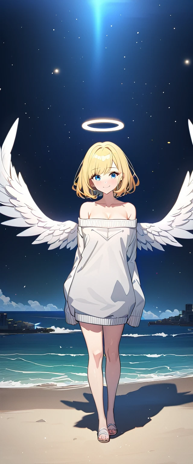 ((angel, big big white wings:1.3, halo:1.3)), sea, beach, (((spread arms))), (((full body))), ((flying)), archangel Uriel, ((wavy hair, outward curled hair)), evening, Sunset, ((blond hair, bob cut:1.3)), breasts, teenager, (looking at viewer), oversized clothes, puffy long sleeves, collarbone, ((off-shoulder sweater dress:1.3, Quite thick shoulder straps)), (((sleeves past wrists:1.3))), ((white sweater)), collarbone, head tilt:1.3, (((blue eyes))), ((happy smile)), (((anime style))), (best quality, 4K, 8K, highres, masterpiece:1.2, ultra-detailed, ultra-detailed eyes, HDR, uhd, studio lighting, ultra-fine painting, sharp focus, physically-based rendering, extreme detail description, professional, vivid colors, bokeh)