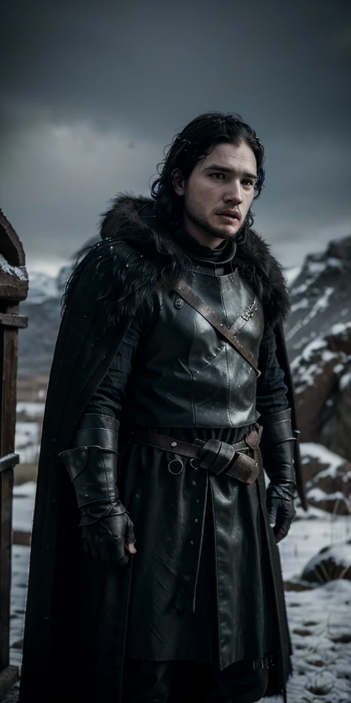 Jon Snow in black armor looking at a dragon in the distance 
