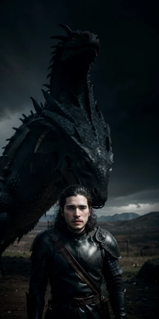 Jon Snow in black armor looking at a dragon in the distance