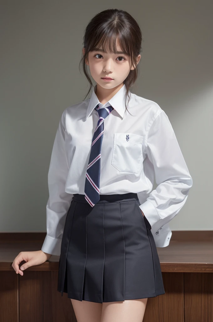 ((highest quality, 8K, masterpiece :1.3)), Photorealistic、Ultra-high resolution、Natural skin texture、Hyperrealism、Photograph from the knee up、 beautiful Japanese girl、White collared shirt and tie、mini skirt、Serious expression