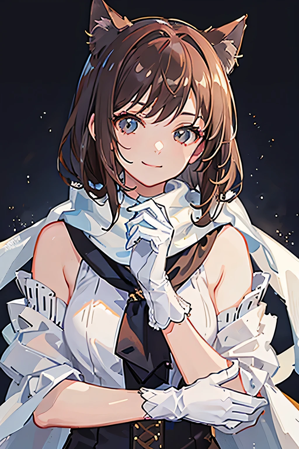 (masterpiece: 1.2, Highest quality), (Actual photo, Intricate details), 1. Female, alone, casual, Shoulder-length hair, Minimal makeup, Natural materials, Face close-up, smile, Home, Brown Hair, Cat ear,White gloves，White scarf