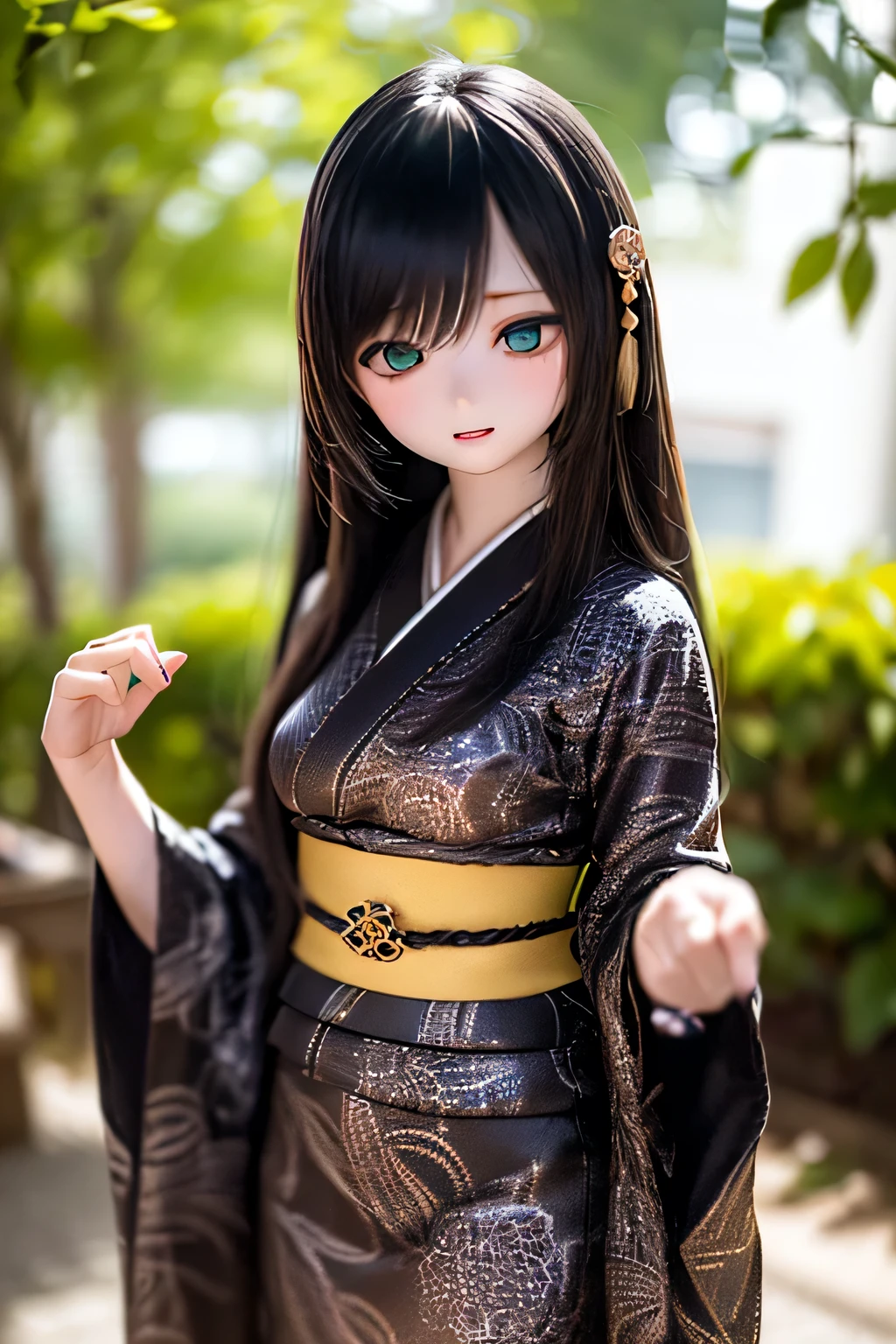 (SFW:2), photorealistic, realistic photo, 8k, ((highest quality)), ((masterpiece)), ((extremely detailed)), kukolnydom, doll, (mature woman, 20yo, 20 years old:1.6), solo, ((cowboy shot, standing, skinny, slender, slim, kimono, obi, hair ornament)), green eyes, parted lips, (black hair, long hair, looking at another, blank eyes, empty eyes, detailed eyes, detailed clothes:1.3), Japanese garden