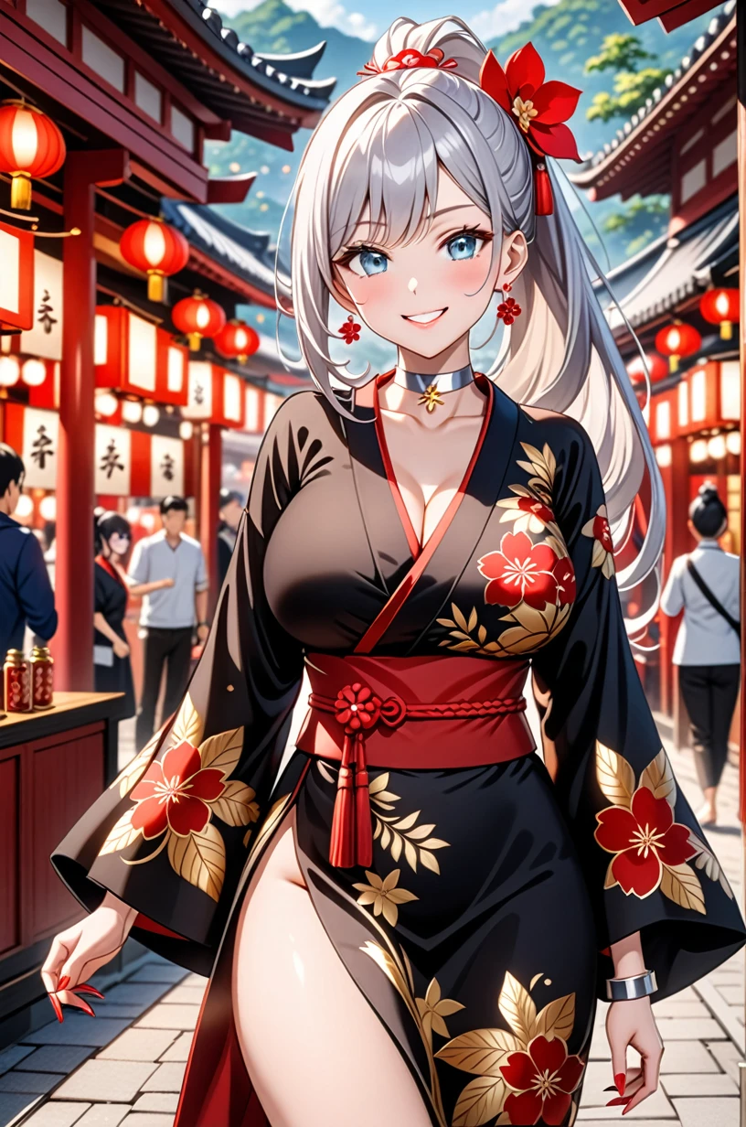 ((one girl)), hyper detailed, absurdres, 8K,Cute face, (Laugh shyly), ((teasing smile:1.8)), ((Wink:1.8)), (Laugh with your mouth wide open:1.3),(Tilt your head:1.3),  View your viewers, ((Bright red cheeks:1.6)),Glossy Red Lips, ((Big Breasts:1.4)) night, Shrine festival stalls, (Brighten your face), ((Anime style background)),masterpiece, Highest quality, so beautiful,Latest, Complex details, (Pink long nails), (nail art), (ring),(bracelet), (Floral Choker),AI-generated, Complex,High resolution, Highest quality, super high quality,3D Images、3D Images,One person,Long white hair,(High Ponytail), Anime woman posing for a photo,((blue eyes:1.3)), ((Fine grain、Silver Eyes、Shining Eyes:1.7)), (Squint your eyes:1.1),a hyperRealistic , hyperRealistic , Realistic,Anime woman with long white hair, Smooth anime CG art, With gold embroidery、A girl in a gorgeous kimono, ((Black long sleeve kimono:1.3)),(Red large floral pattern) ,Long flower hair ornament,Floral Earrings,Mature Body, expensive,Abdominal muscles,Tight waist,((face only:1.9)), (front view),