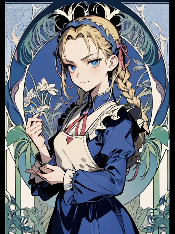 masterpiece, Highest quality, Very detailed, 16K, Ultra-high resolution, Cowboy Shot, Alice in Wonderland, (art nouveau:1.4), anatomically correct, 10-year-old girl, Detailed face, Mischievous Smile, blue eyes, Blonde, Braiding, Long Hair, Ribbon on head, Blue clothes, Plain white apron, 大きなclockのある部屋で, clock, 壁clock