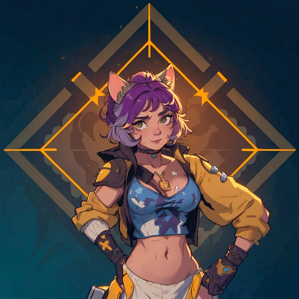 A closeup of a person in a cat costume, loba andrade, with one hand on the head and the other on the waist, The suit appears yellow, showing her cleavage and chest., the apex legends, Apex Legends character, al estilo the apex legends, inspired by Jules Chéret, apex legends portrait, valuing character, there is mystery, arcane faux pas portrait, as supervisory character, Starfinder Style, Official character art