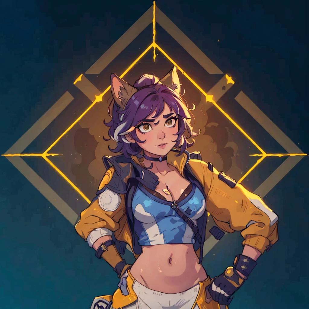 A closeup of a person in a cat costume, loba andrade, with one hand on the head and the other on the waist, The suit appears yellow, showing her cleavage and chest., the apex legends, Apex Legends character, al estilo the apex legends, inspired by Jules Chéret, apex legends portrait, valuing character, there is mystery, arcane faux pas portrait, as supervisory character, Starfinder Style, Official character art