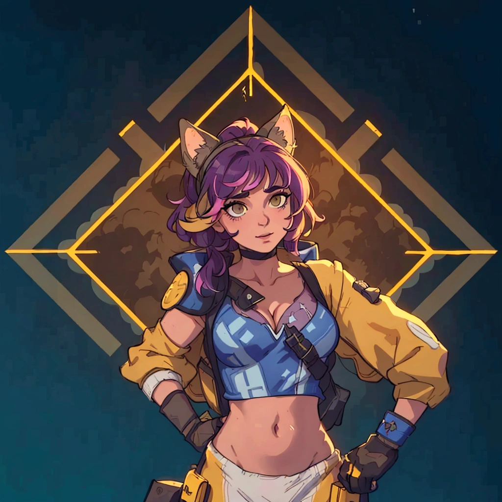 A closeup of a person in a cat costume, loba andrade, with one hand on the head and the other on the waist, The suit appears yellow, showing her cleavage and chest., the apex legends, Apex Legends character, al estilo the apex legends, inspired by Jules Chéret, apex legends portrait, valuing character, there is mystery, arcane faux pas portrait, as supervisory character, Starfinder Style, Official character art