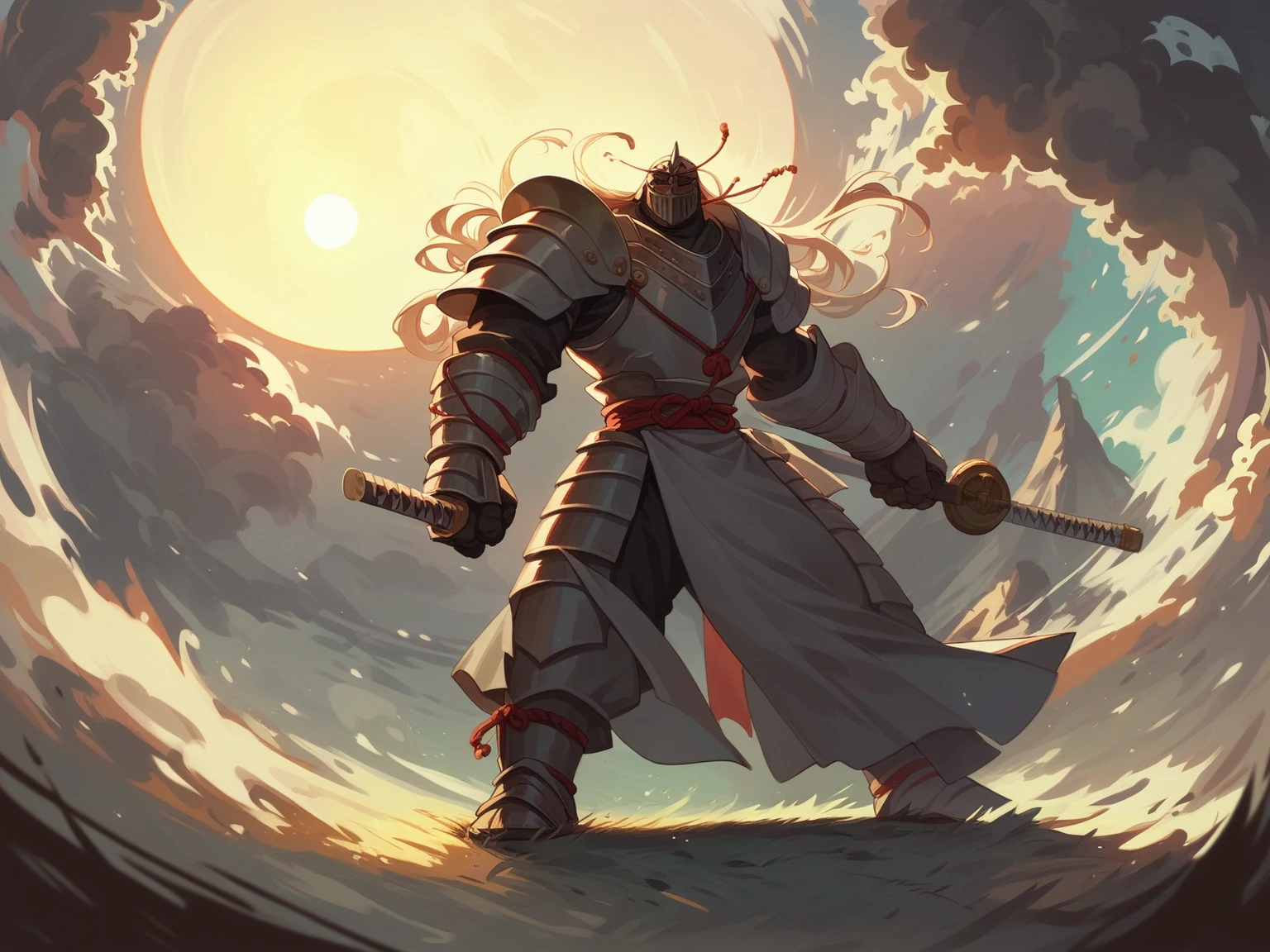 Highly detailed samurai in full armor,Heading towards the horizon with the sun's dawn. Around the Japanese castle