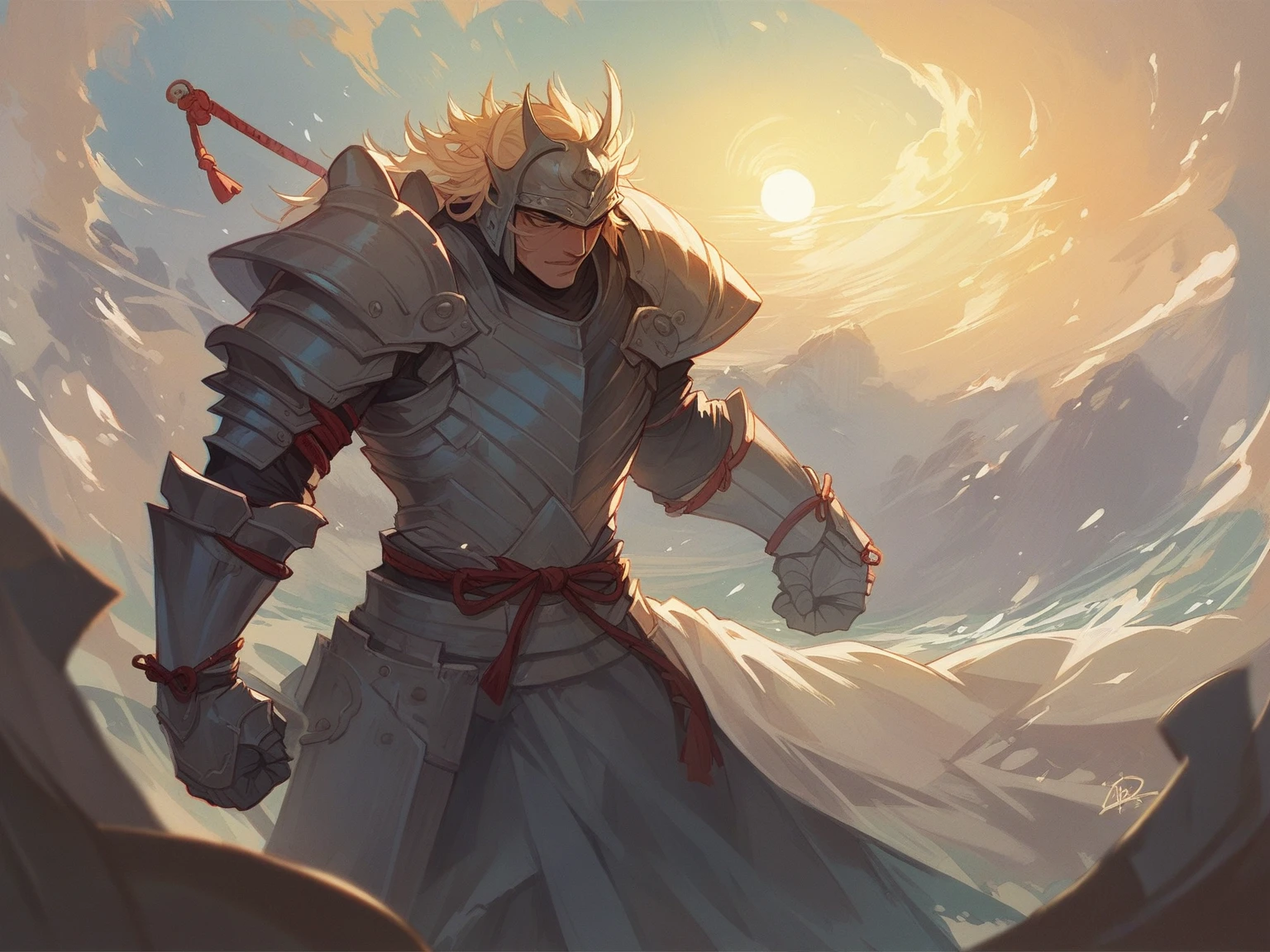 Highly detailed samurai in full armor,Heading towards the horizon with the sun's dawn. Around the Japanese castle