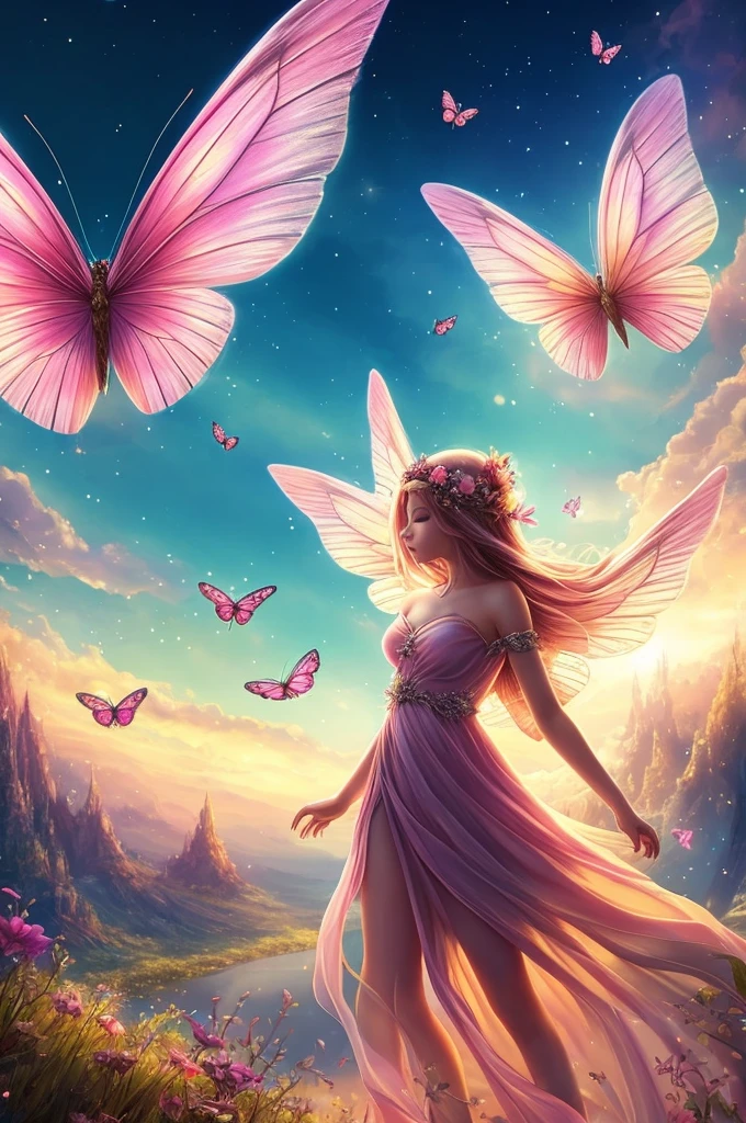 anime, fairy, girl, butterfly, sunset, pink, sky, clouds, lost in a dreamy fairy landscape, fairy aesthetics, fairy atmosphere, beautiful fantasy art, magical fairy background, very magical and dreamy, very beautiful fantasy art, beautiful digital artwork, with beautiful wings, fantasy beautiful, fantasy art style, beautiful fairy, ethereal fantasy, magnificent background, beautiful fanta
