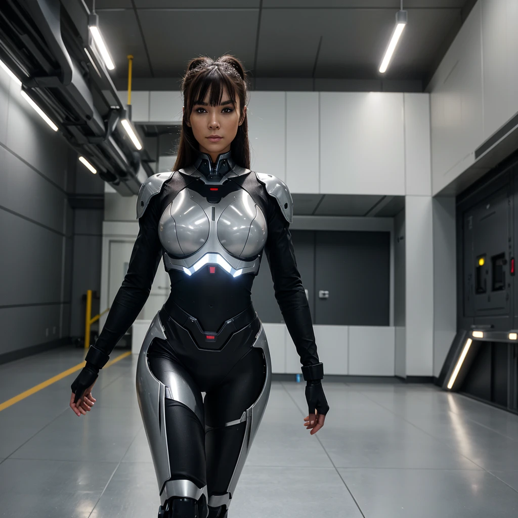 A highly detailed, seductive full-body portrait of a female cyborg with a sleek, minimalist headpiece. She has a strong and attractive figure with soft facial features and bright, glowing eyes. Her outfit is made of high-tech material, resembling a combat suit. The background is a laboratory or high-tech hangar with robots. She is in a dynamic pose, ready for action, with one leg forward.