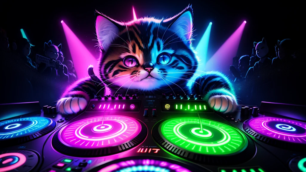 Detailed DJ cute kitten DJ Controller with Neon, Super vibrant music lights.