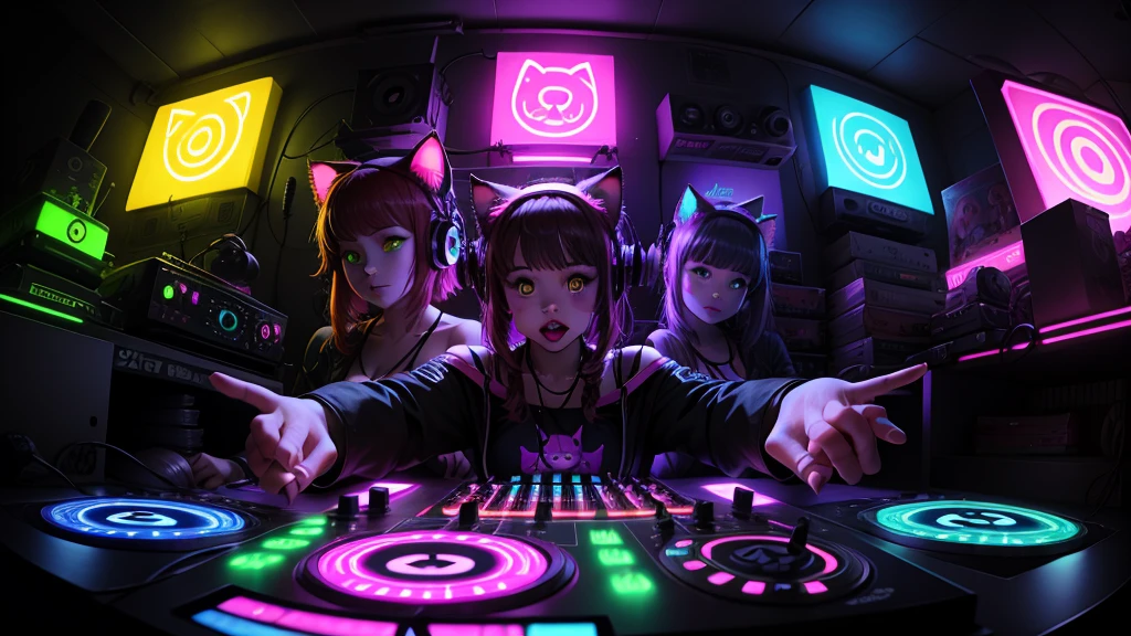 Detailed DJ cute kitten DJ Controller with Neon, Super vibrant music lights.