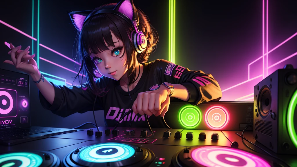 Detailed DJ cute kitten DJ Controller with Neon, Super vibrant music lights.