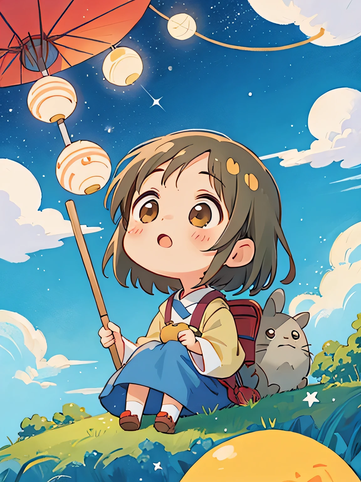 Hayao Mayazaki style, Kawaii Design, The most beautiful girl of all time、Chibi, Sit down and look up at the night sky, totoro, Star of the sky