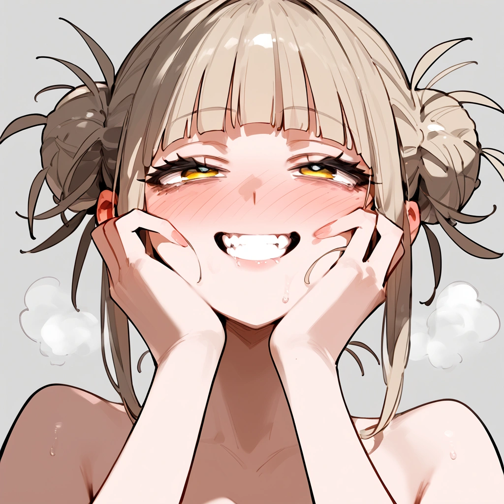 anime artwork, score_9, score_8_up, score_7_up, score_6_up, score_5_up, score_4_up, floox style //////Himiko toga, big breasts, she is 24 years old, style_3, , , , naked,, yellow eyes, solo, nude,, smile, , grey background, simple background , , ,hands on face, AMAZING!, ahegao, , , full-face blush,, , steam, deep breath, , , steaming body, face close-up, she get creampied, a little bit below view, rolling eyes, big tits, detailed face, head up, clenched teeth