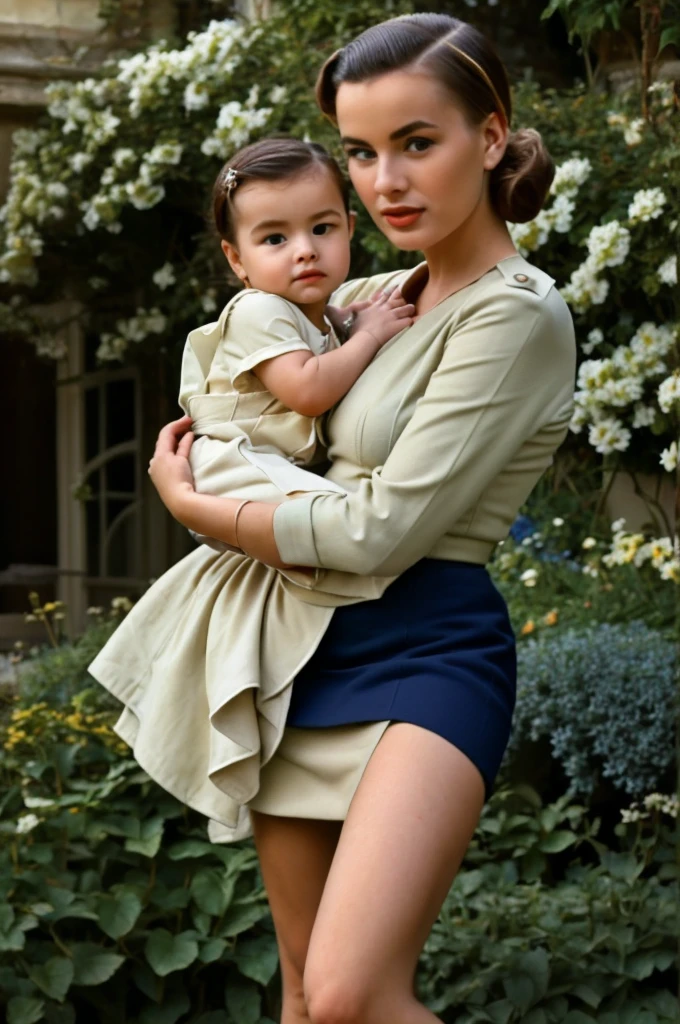 fashionable 1950s female lady police dress skirt uniform, cradling  in her arms in atmospheric garden