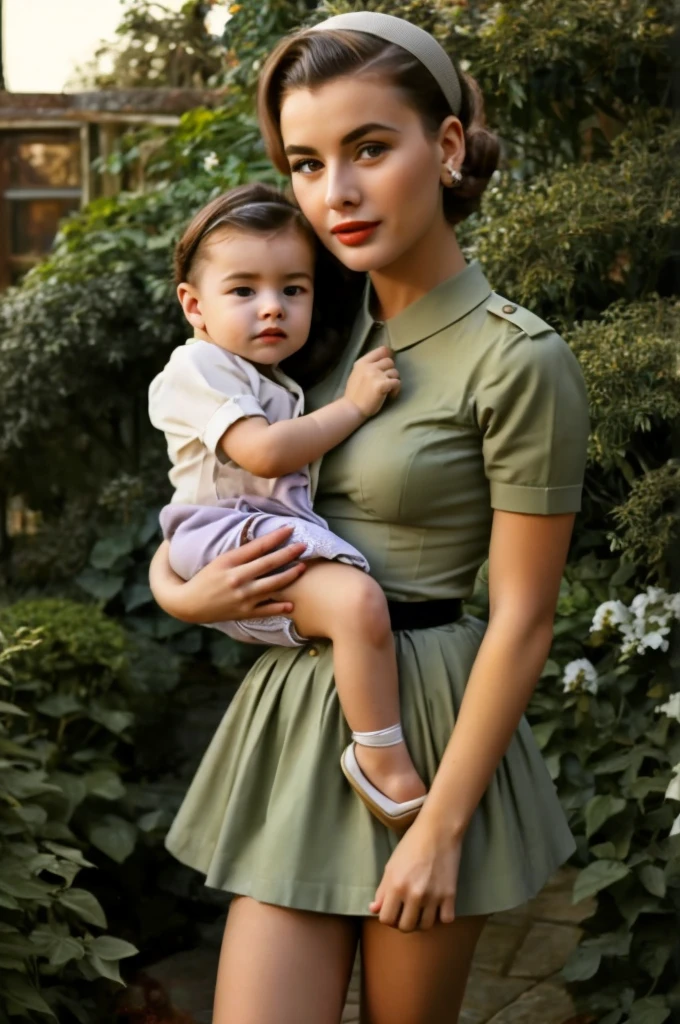 fashionable 1950s female lady police dress skirt uniform, cradling baby in her arms in atmospheric garden