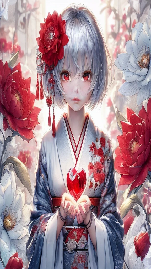 style: Anime-style art, high detail, Shiny texture, Vibrant colors, Soft light effect character: Silver short hair girl, Big Red Eyes, The expression is calm and the costume is gentle: Traditional kimono, White and red design, Floral embroidered accessories: Red flower accessory in hair, Tassel background: A garden enveloped in soft light, Red and white flower items: A girl holds a big red heart-shaped jewel in her hand, Others that reflect light and shine: Japanese atmosphere, Serene landscape, A little bit of fantasy with this prompt、By inputting into the art generator、You can generate illustrations with the atmosphere and characteristics you specify.。