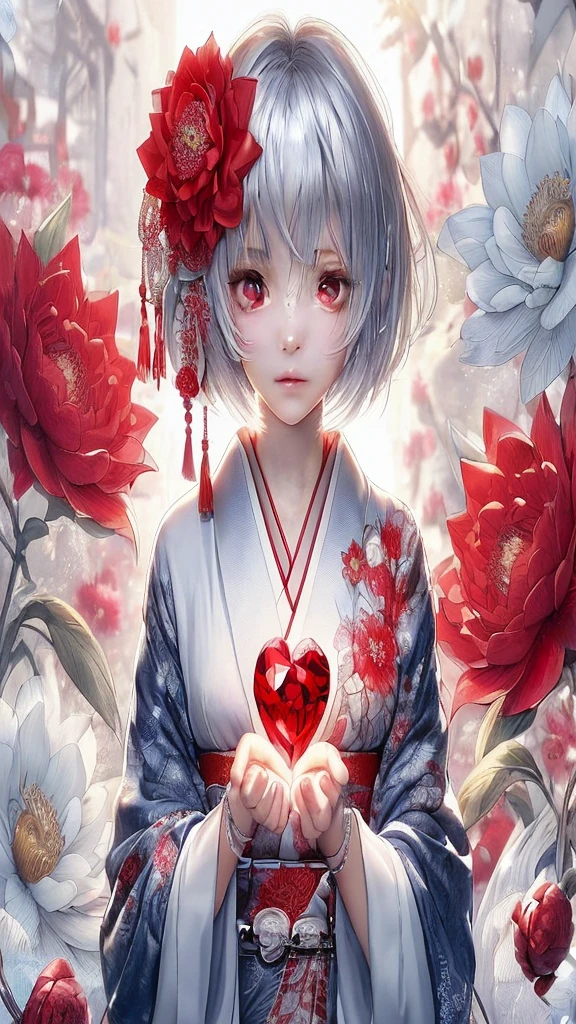 style: Anime-style art, high detail, Shiny texture, Vibrant colors, Soft light effect character: Silver short hair girl, Big Red Eyes, The expression is calm and the costume is gentle: Traditional kimono, White and red design, Floral embroidered accessories: Red flower accessory in hair, Tassel background: A garden enveloped in soft light, Red and white flower items: A girl holds a big red heart-shaped jewel in her hand, Others that reflect light and shine: Japanese atmosphere, Serene landscape, A little bit of fantasy with this prompt、By inputting into the art generator、You can generate illustrations with the atmosphere and characteristics you specify.。