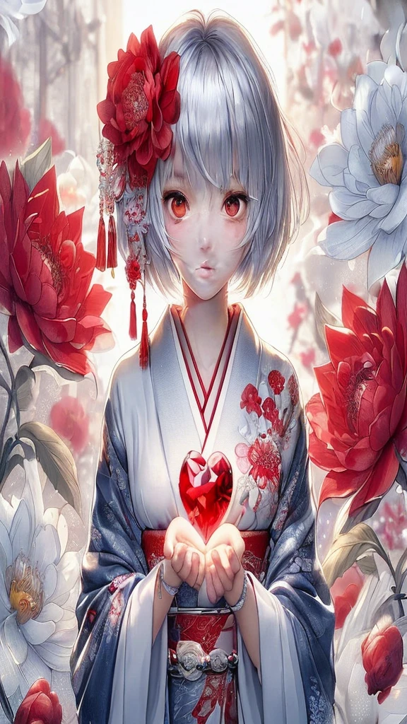 style: Anime-style art, high detail, Shiny texture, Vibrant colors, Soft light effect character: Silver short hair girl, Big Red Eyes, The expression is calm and the costume is gentle: Traditional kimono, White and red design, Floral embroidered accessories: Red flower accessory in hair, Tassel background: A garden enveloped in soft light, Red and white flower items: A girl holds a big red heart-shaped jewel in her hand, Others that reflect light and shine: Japanese atmosphere, Serene landscape, A little bit of fantasy with this prompt、By inputting into the art generator、You can generate illustrations with the atmosphere and characteristics you specify.。