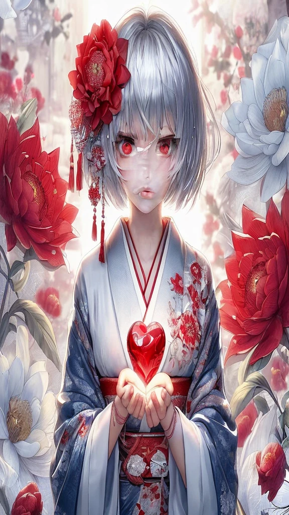 style: Anime-style art, high detail, Shiny texture, Vibrant colors, Soft light effect character: Silver short hair girl, Big Red Eyes, The expression is calm and the costume is gentle: Traditional kimono, White and red design, Floral embroidered accessories: Red flower accessory in hair, Tassel background: A garden enveloped in soft light, Red and white flower items: A girl holds a big red heart-shaped jewel in her hand, Others that reflect light and shine: Japanese atmosphere, Serene landscape, A little bit of fantasy with this prompt、By inputting into the art generator、You can generate illustrations with the atmosphere and characteristics you specify.。