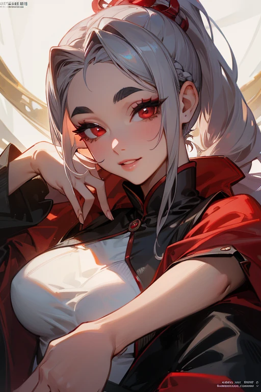 (Highest quality, masterpiece:1.2), High resolution, 最高masterpiece、Very detailed, Realistic:1.37, Fantasy, An illustration,Gray Hair、 Red eyes、Queen, Platinum decoration、beautifully、Eyeshadow Red、Thick eyebrows、Long eyelashes、pupils are black、shiny on the lips、Top Sites、Queen、Princess、ponytail、A kind smile、Show your teeth a little and smile、Soft impression、people々々々々々々Loved by、Slimming the face、Shoulder Bare、sexy、learn more、Braiding、((Swimwear))