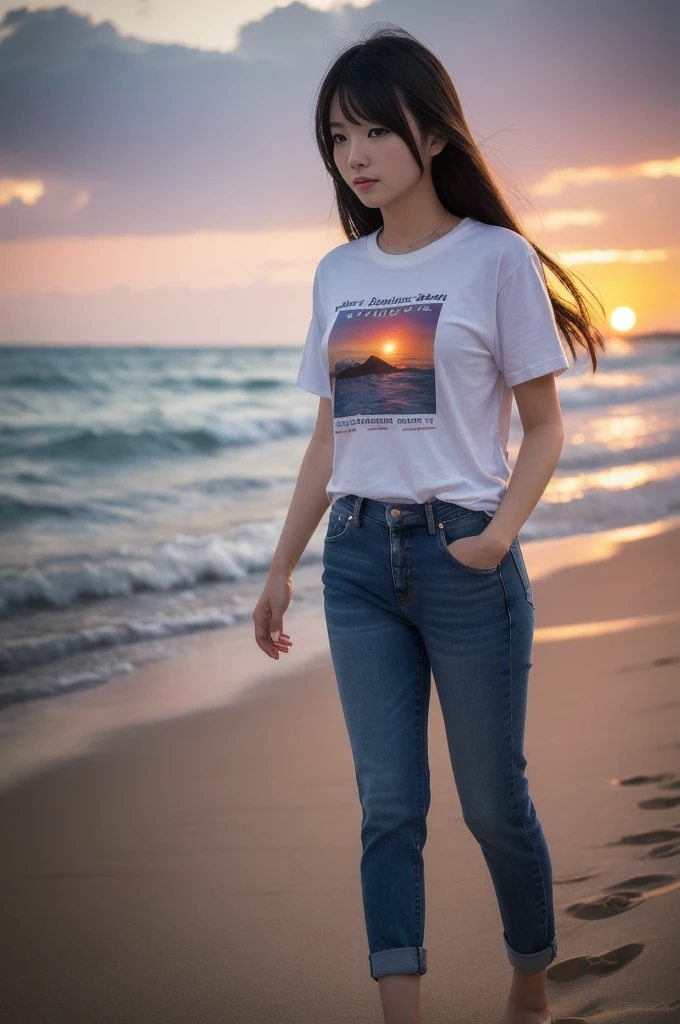 best quality,masterpiece,32k,photorealistic,incredibly absurdres,depth of field、blur background、Professional lighting,Cinematic lighting,full body,slender,Photo of pretty Japanese woman,25yo girl,Contrapposto,sandy beach,wind,sunset,long hair,black hair,t-shirt,jeans,aggressive,