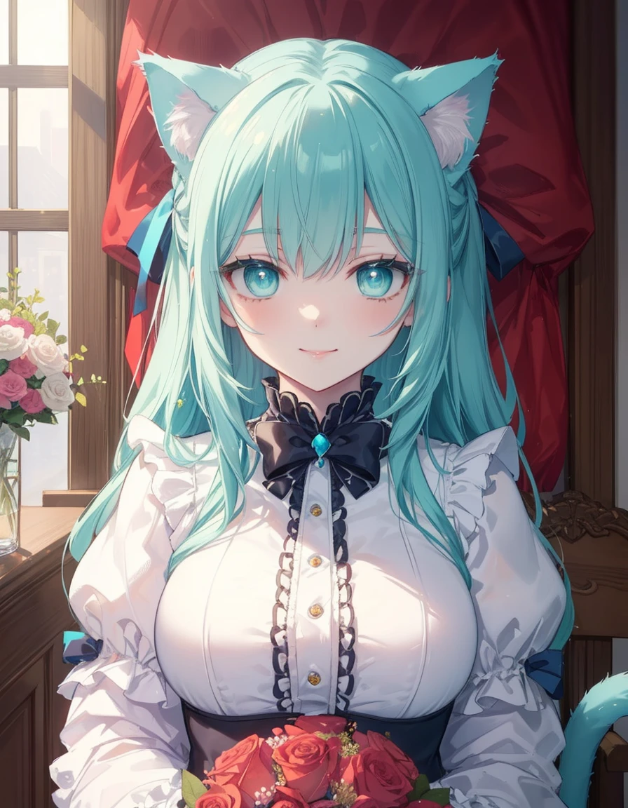 flower garden, smile, taking a flower bouquet, ((masterpiece, best quality:1.5)), ((Beautiful detailed cat aqua eyes:1.2)), cat ears, pale skin, medium breasts, beautiful hands, beautiful fingers, EasyNegative