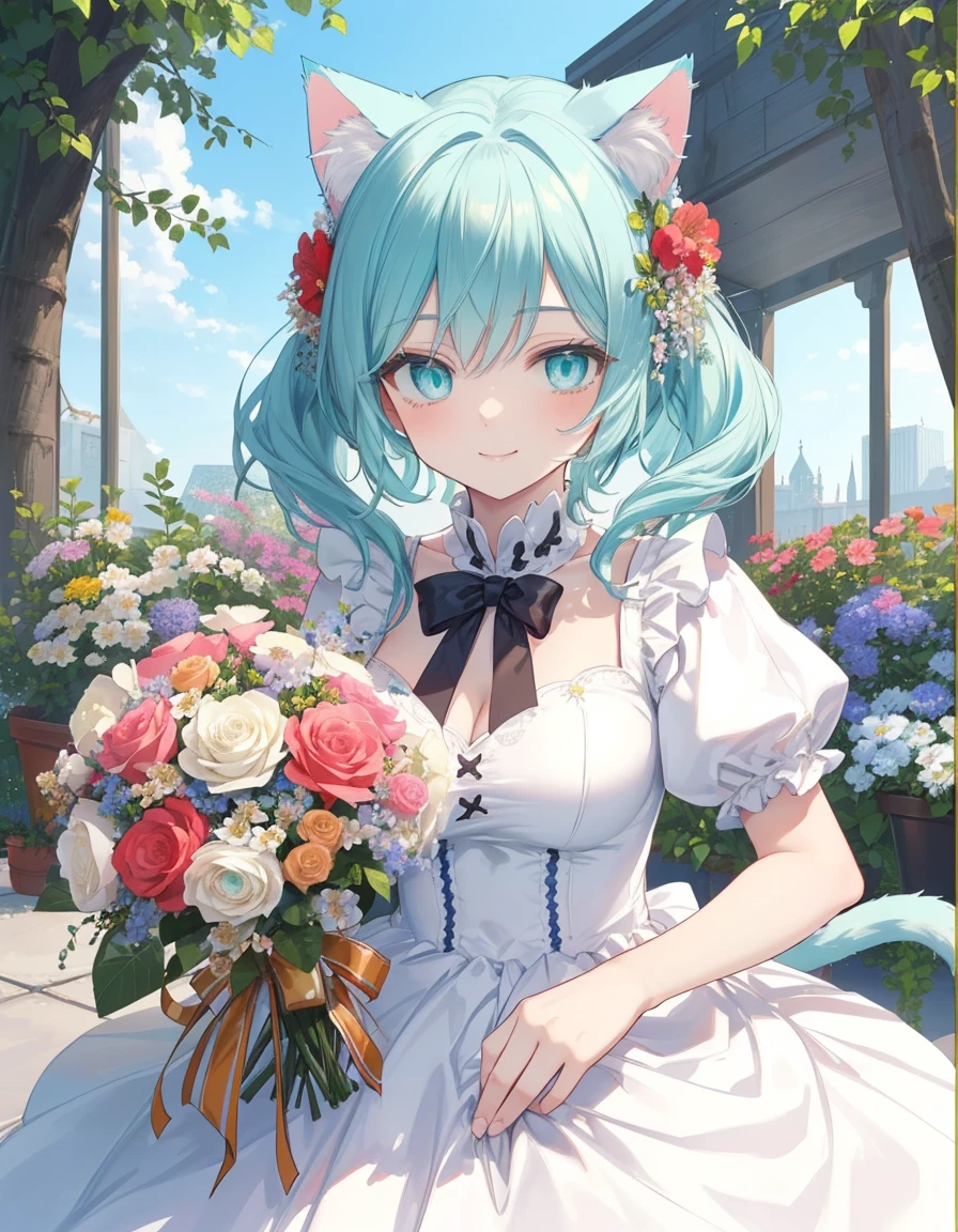 flower garden, smile, taking a flower bouquet, ((masterpiece, best quality:1.5)), ((Beautiful detailed cat aqua eyes:1.2)), cat ears, pale skin, medium breasts, beautiful hands, beautiful fingers, EasyNegative
