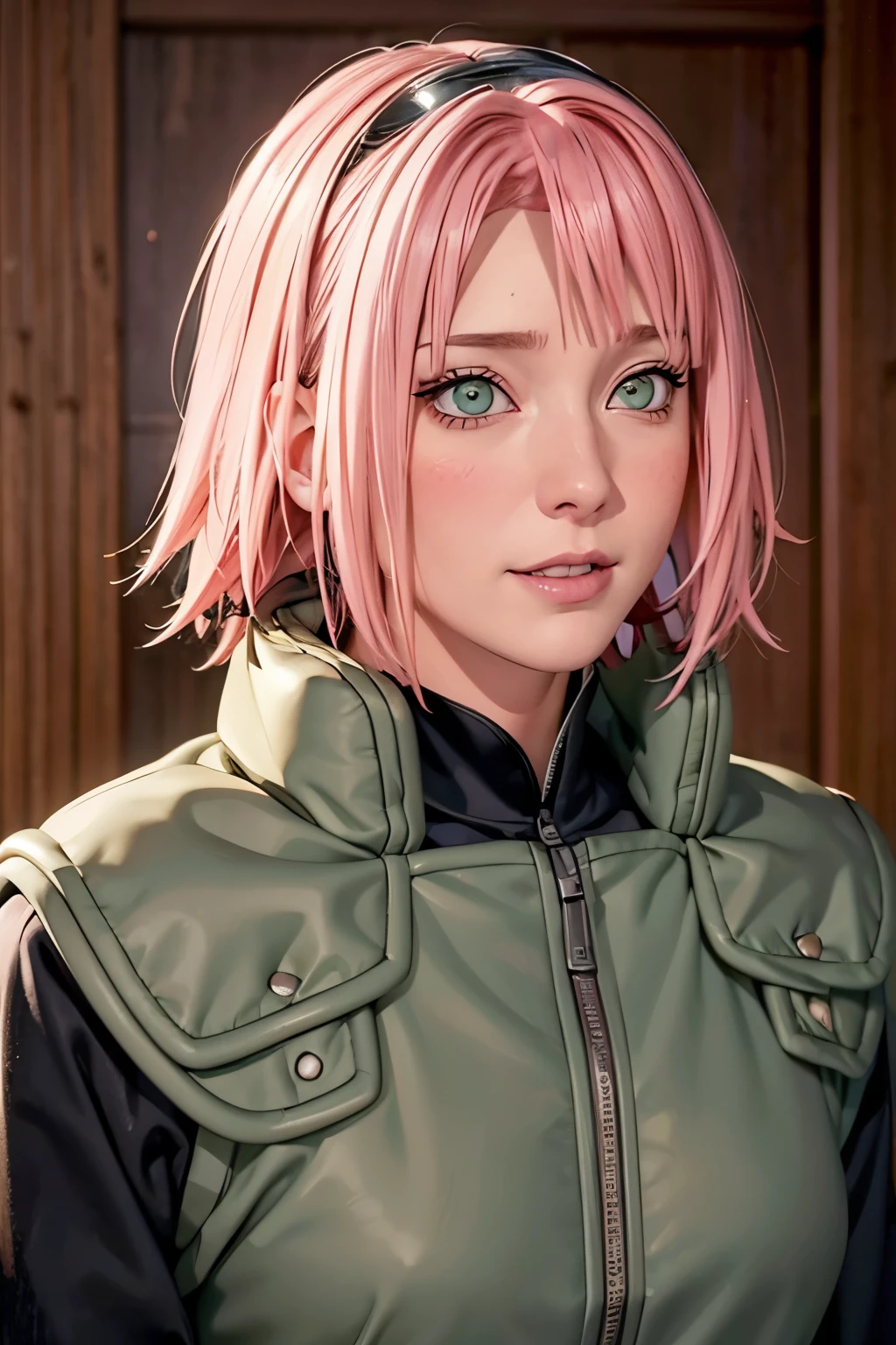 （（（short hair，pink hair（（（danya，Sakura,green eyes,bangs,forehead protector, shinobi symbol, ））），((masterpiece)),high resolution, ((Best quality at best))，masterpiece，quality，Best quality，（（（ Exquisite facial features，looking at the audience,There is light in the eyes，blush，laughing out loud，happy，excited ））），