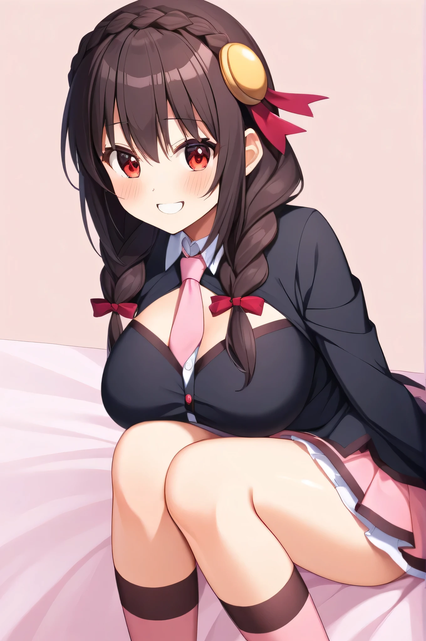 alone, One girl, (bridal carry:1.2)、Crown braids in the same color as your hair, hair ornaments, Hair Ribbon, Pink tie, Black long sleeve, Pink Skirt, Knee socks, Cleavage, bed、Black Hair、(Happy Face:1.5)、(blush:1.2)
