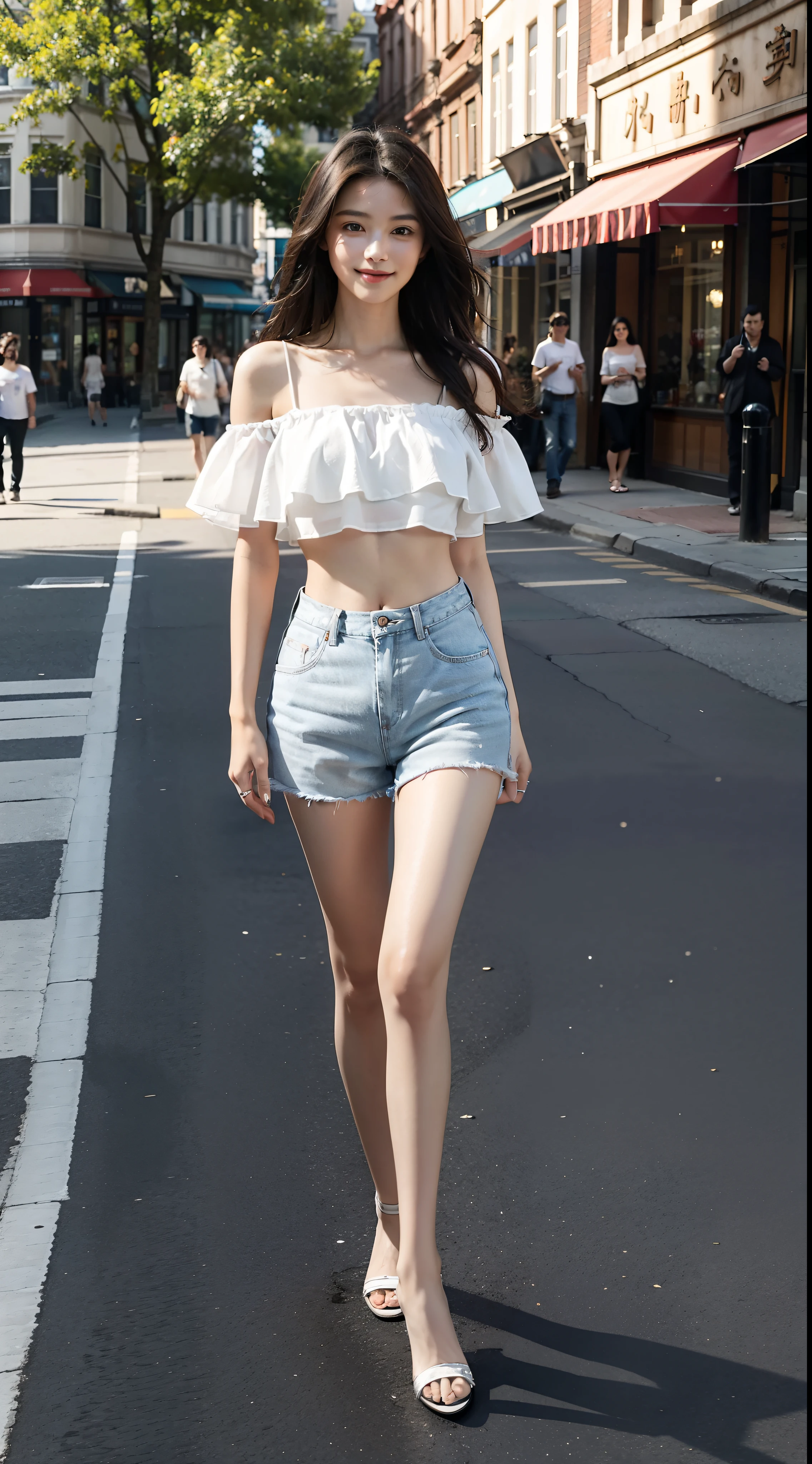 on the street，There is a kind of beauty that attracts attention。She has a slim figure，Wear cool shorts，White Off-the-Shoulder Tank Top。Crop Topping，Long legs，Arm fingers are realistic and clear，It looks more elegant。Appearance-wise，She has long, black, shiny hair.，Long hair flying, Skin like jade，Exquisite facial features，Especially those big bright eyes，It seems to be able to see through people's hearts。She always has a smile on her face，Exudes charming confidence and charm，best quality，Face-to-face audience，Lovely smile，走on the street的迷人面孔，Beautiful posture，Curvy body，sweet smile，凸显大Long legs，Model pace