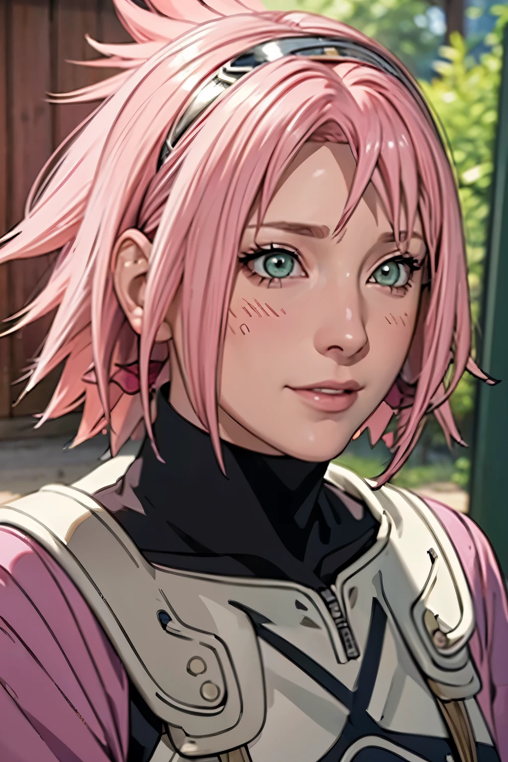 （（（short hair，pink hair（（（danya，Sakura,green eyes,bangs,forehead protector, shinobi symbol, ））），((masterpiece)),high resolution, ((Best quality at best))，masterpiece，quality，Best quality，（（（ Exquisite facial features，looking at the audience,There is light in the eyes，blush，laughing out loud，happy，excited ））），