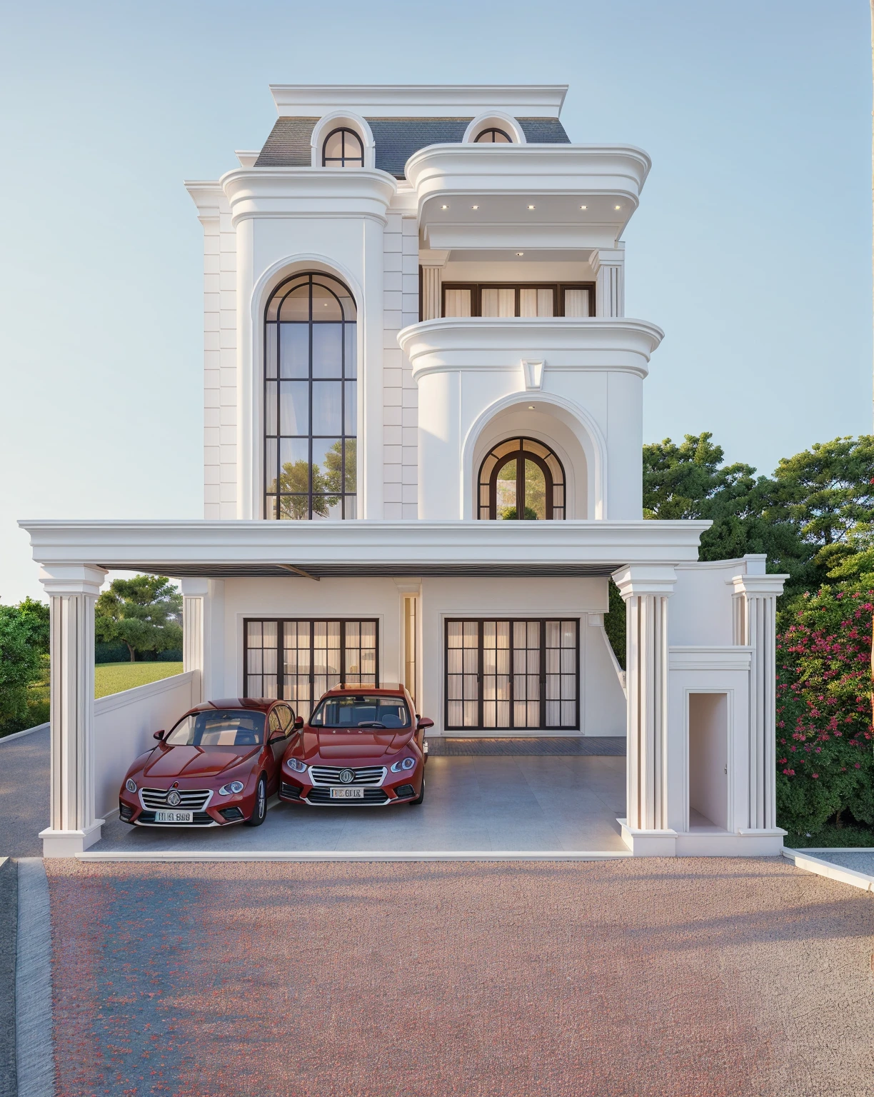 PLATEFORME KTHOUSE, Beaucoup de belles fleurs rouges le long de la route:1.3, Romantique, 1 maison de style néoclassique, La maison de ville est faite de murs blancs, Belle lumière, journée de beauté, ensoleillé, Beaucoup de bougainvilliers rouges le long de la route:1.3, belle sensation de jeunesse :1.2, soleil à midi, Très belles ombres,