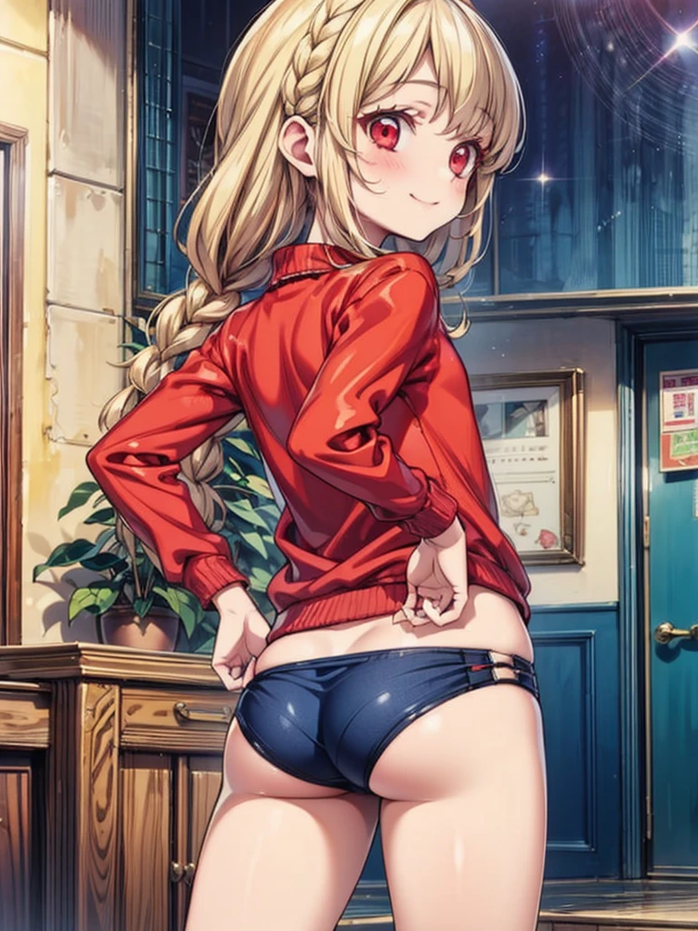 there is a cartoon female in white standing with her hip sticking out, 1girl, solo, braid, twin braids, Blonde hair, ass, RED eyes, long hair, blush, smile