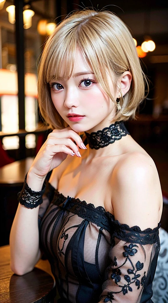 (8K, RAW Photos:1.2), Detailed face and eyes,最high quality, Ultra-high resolution, Very detailed ,Intricate details ,Tabletop ,pretty girl , Soft cinematic light, Hyper Detail,Sharp focus, high quality, Blonde, Bobcut, outside, Browsing Caution, Tie your hair back,Beautiful valley,Large Breasts,Off the shoulder