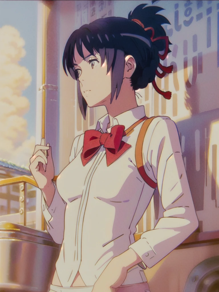 miyamizu_mitsuha, red bowtie,
jewelry, white yoga crop top, white yoga tight shorts, hands on chest,see-through, looking at viewer,  hair ornament, choker, shy,
(masterpiece, top quality, best quality, official art, beautiful and aesthetic:1.2), (1 girl), extreme detailed,  colorful, highest detailed,
(huge breasts:1.2, upper body, from below,  cameltoe,  ) white panties,
china city,street,  sun, cloud, wall, leaning,