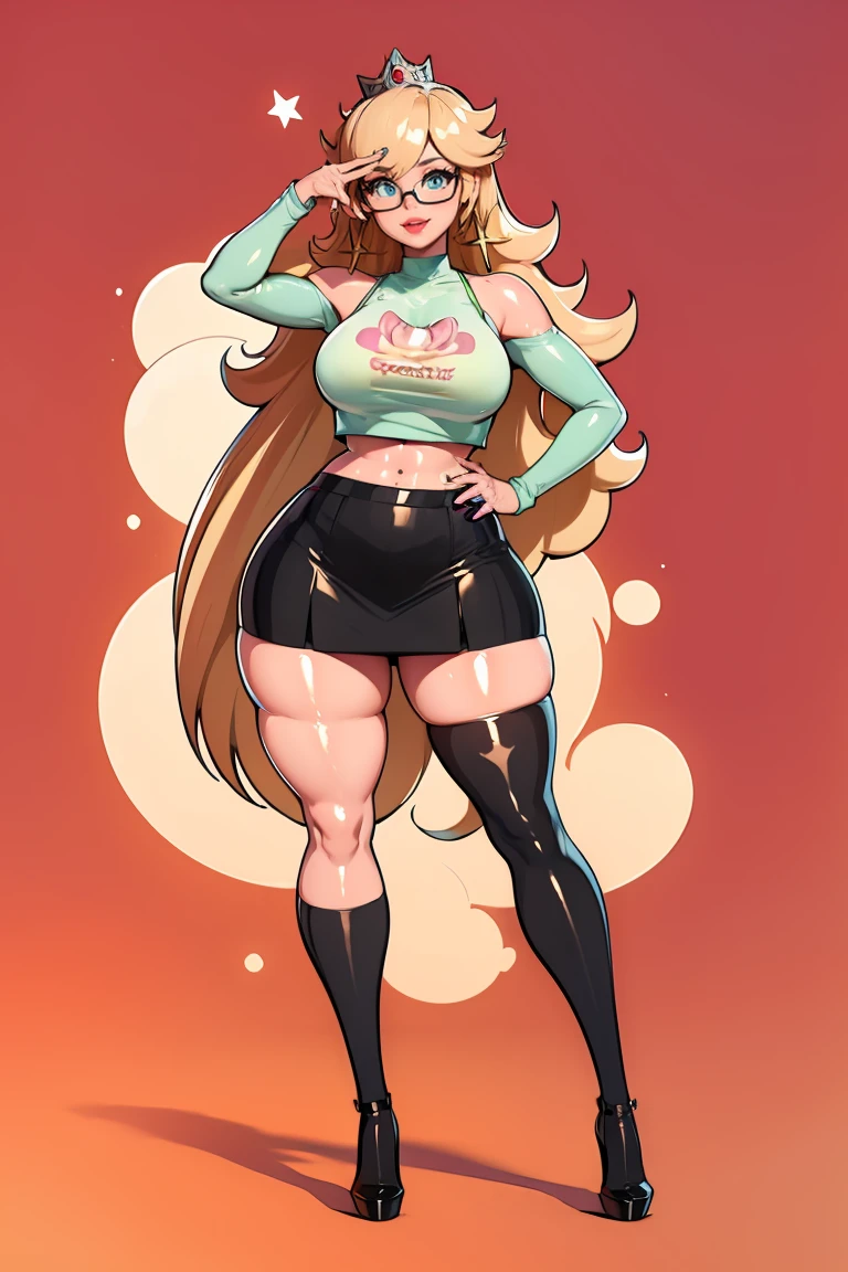 Sandy blonde hair, glasses, bright green eyes, stockings, crop top, big , thick thighs, hours glasses, wavey hair, black knee high socks, skirt, black skirt, red dragon crop top, big , peace sign, ((peach lips)), smile, cute hair style , white skin