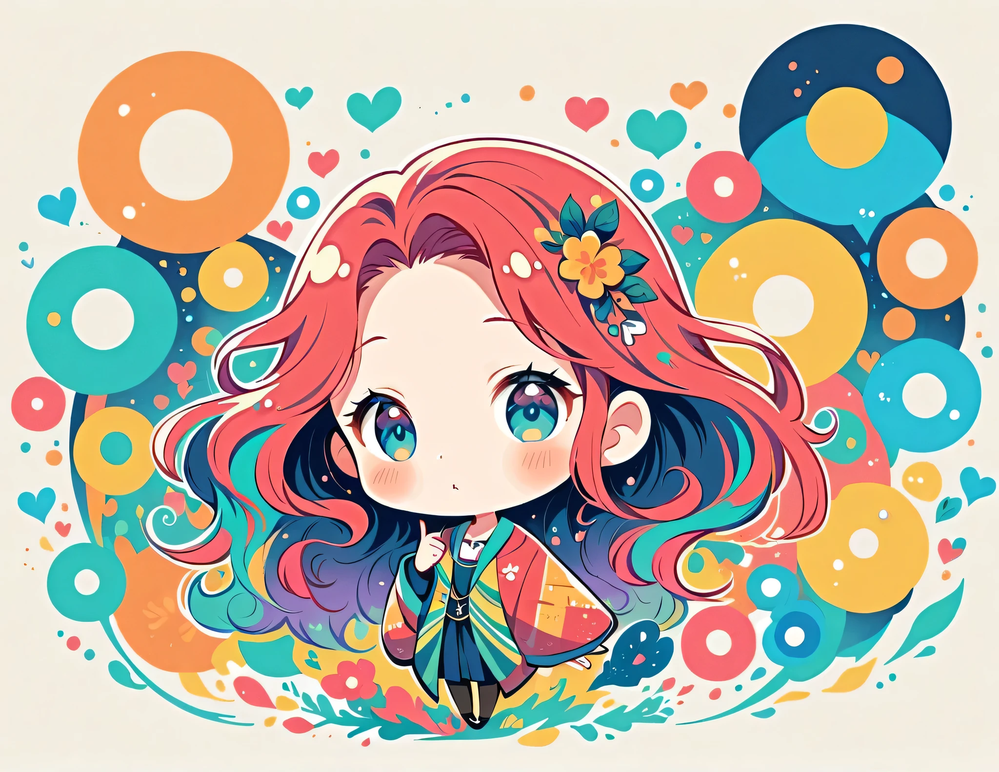 Mai Yoneyama style, Simple Line Initialism,Abstract art,Urban Background, colorful hearts ,colorful flowers, The most beautiful girl of all time, chibi